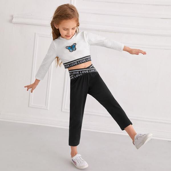 

Toddler Girls Butterfly Patched Tee & Letter Tape Sweatpants, Black and white