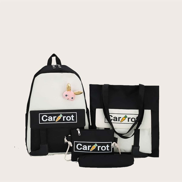 

4pcs Kids Letter Graphic Backpack Set, Black