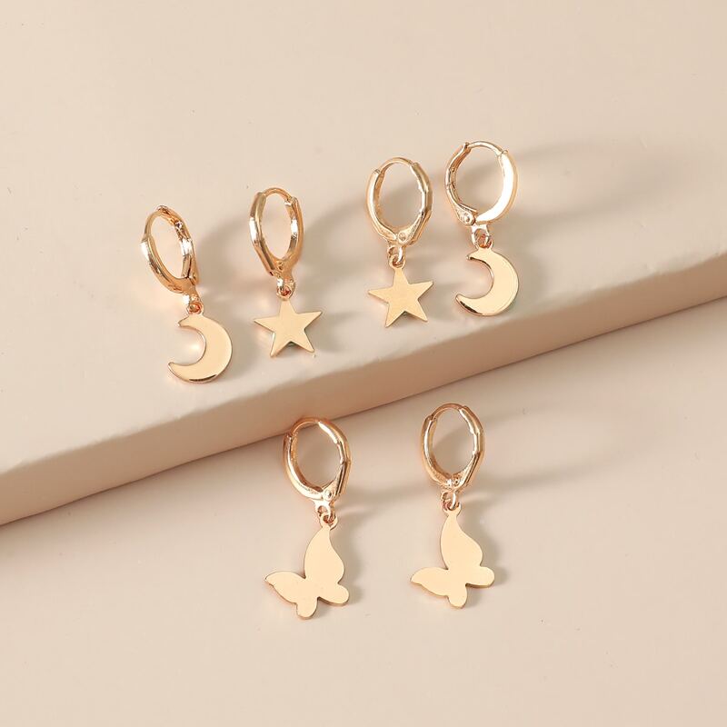 

3pairs Star & Butterfly Charm Drop Earrings, Gold