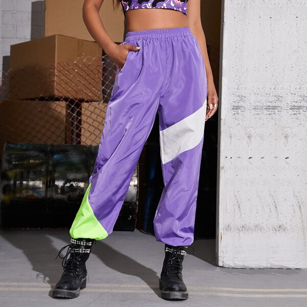 

Elastic Waist Colorblock Wind Pants, Lilac purple