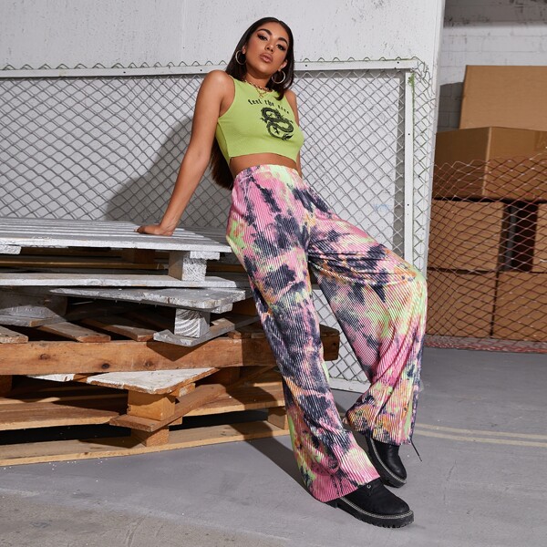 

Tie Dye Plisse Wide Leg Pants, Multicolor