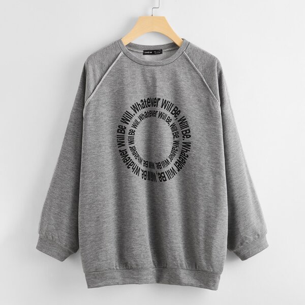

Raglan Sleeve Contrast Stitch Slogan Graphic Pullover, Grey
