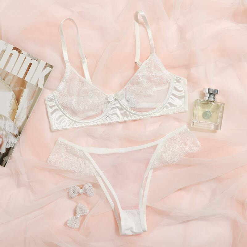 

Floral Lace Mesh Underwire Lingerie Set, White