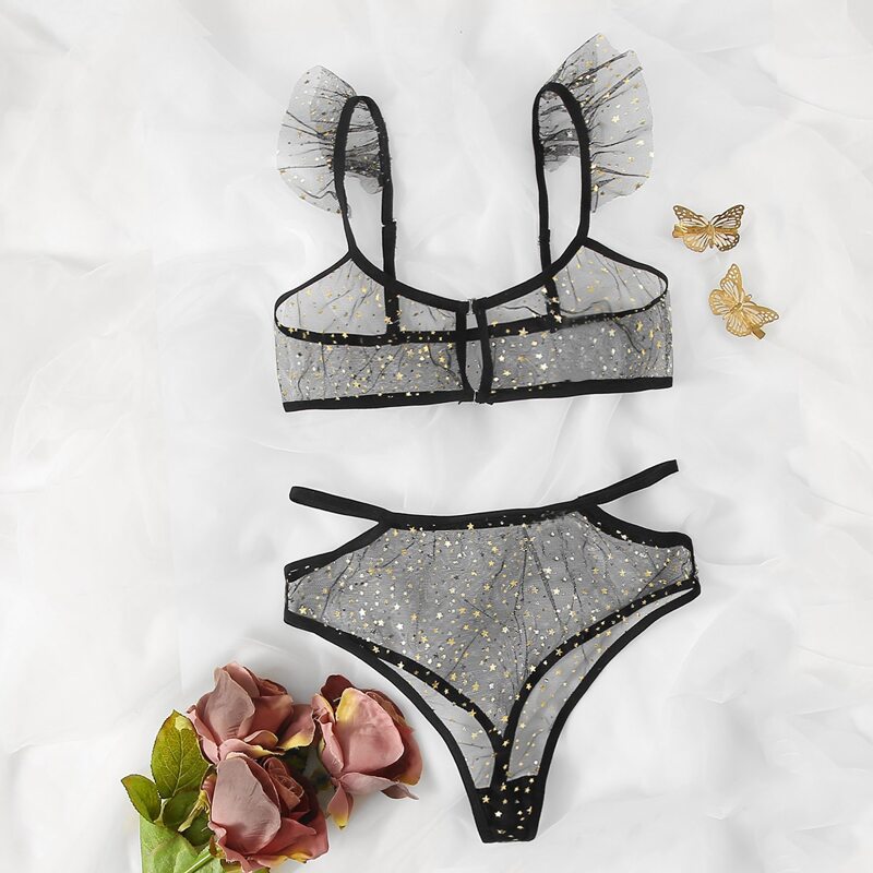 

Star Pattern Mesh Ruffle Trim Lingerie Set, Black