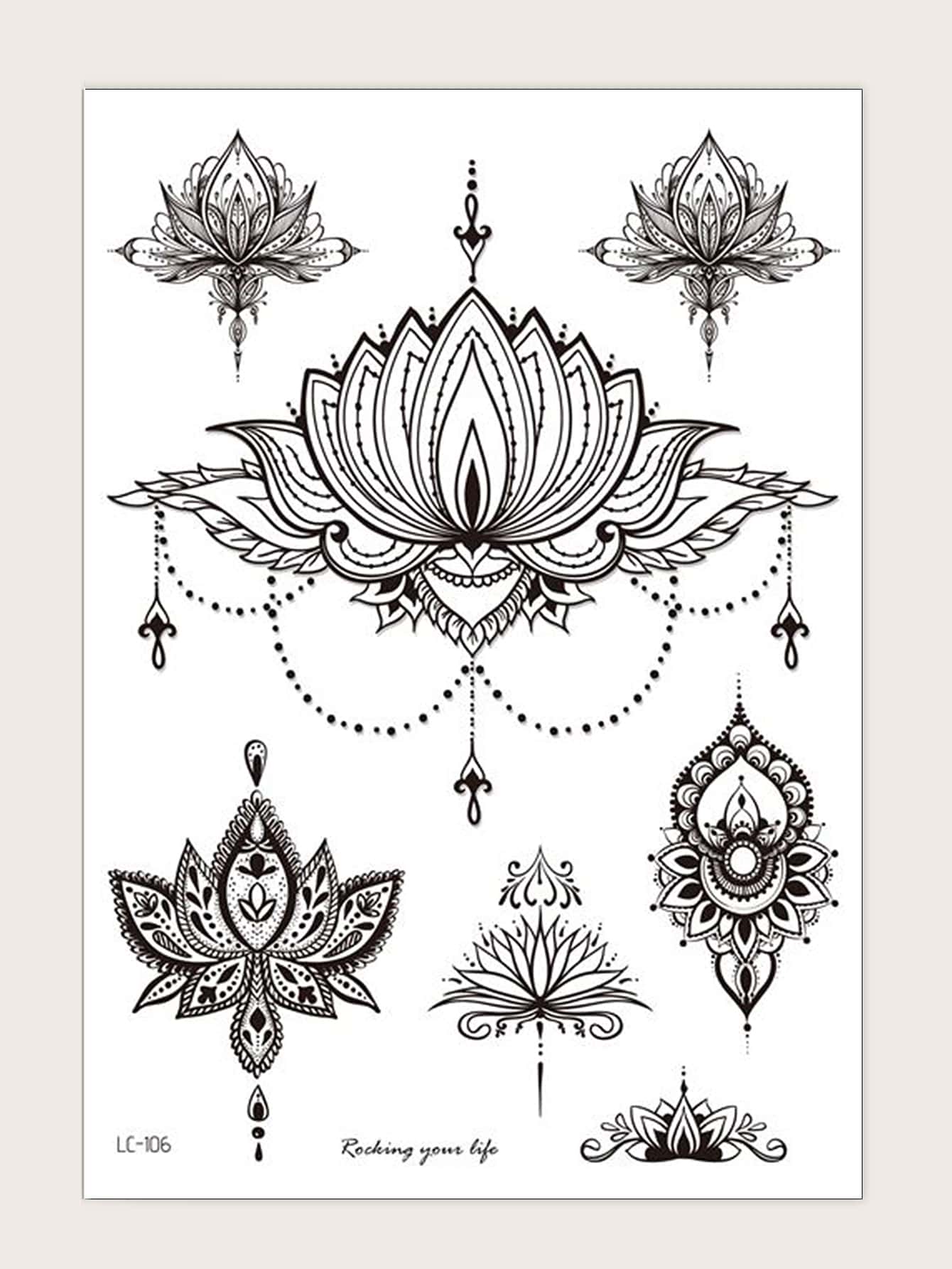 Hình xăm dán , 1 tờ In Hoa sen Hình xăm tạm thời Đối với phụ nữ , Hình xăm dán Người lớn , Thực tế Hình xăm Hoa , Hoa sen , Hoặc NỮ Và Cô gái - màu đen - Xem 1