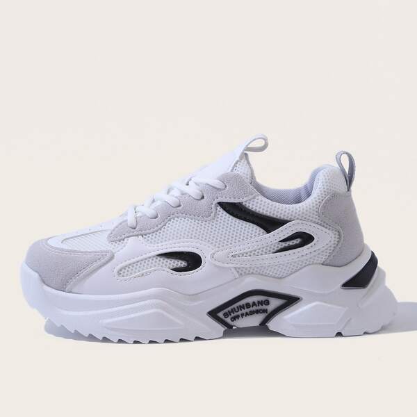 

Lace-up Front Mesh Panel Chunky Sneakers, White