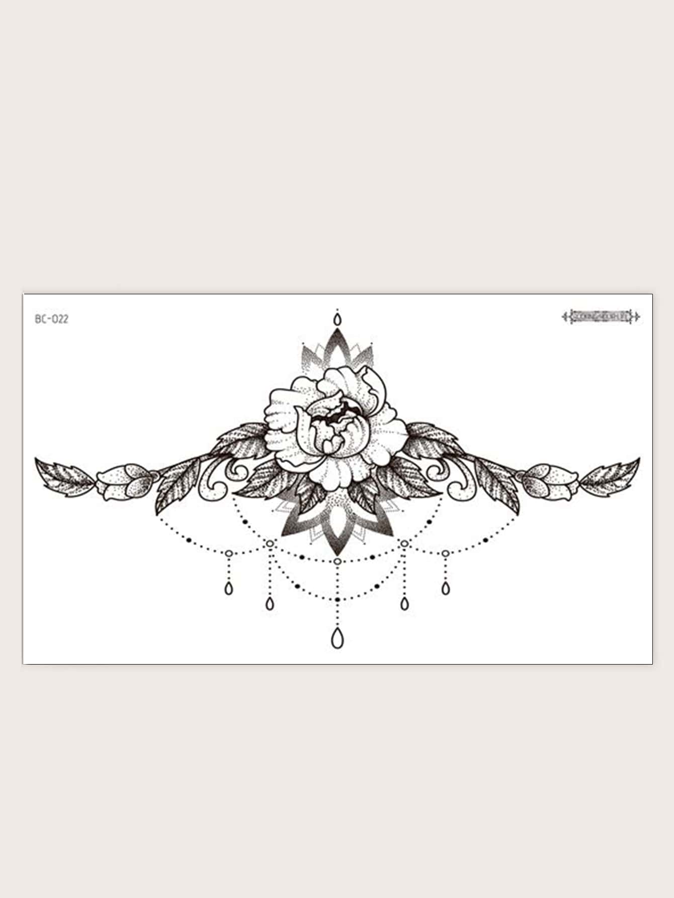 Etiqueta engomada del tatuaje, 1 hoja de tatuajes temporales con estampado de flores para mujeres, pegatinas de tatuajes para adultos, flor de tatuaje realista, para mujeres y niñas - Negro - Ver 1