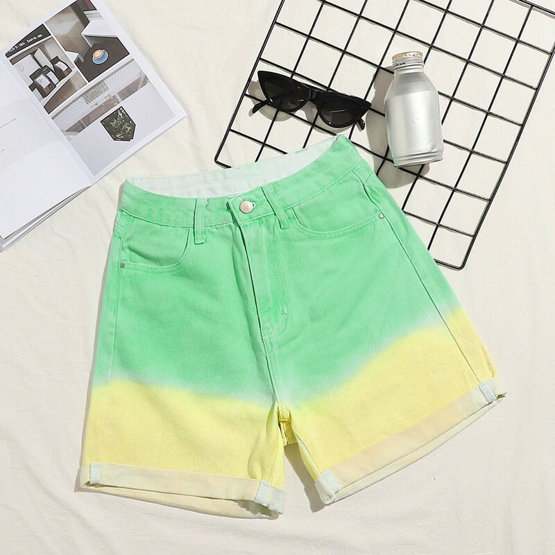 

Zipper Fly Colorblock Cuffed Hem Denim Short, Multicolor