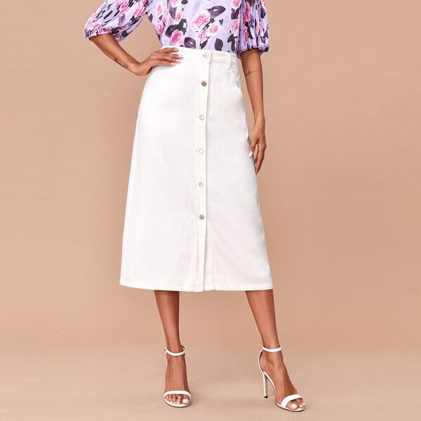 

High Waist Button Front Denim Skirt, White
