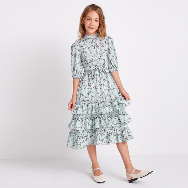 

Girls Buttoned Front Self Belted Ditsy Floral Layered Dress, Blue