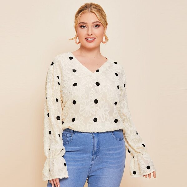 

Plus Polka Dot Embroidery V-neck Blouse, Yellow pastel