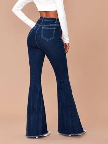 Contrast Stitch Flare Leg Jeans - Dark Wash - View 2