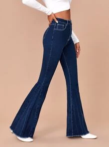Contrast Stitch Flare Leg Jeans - Dark Wash - View 1