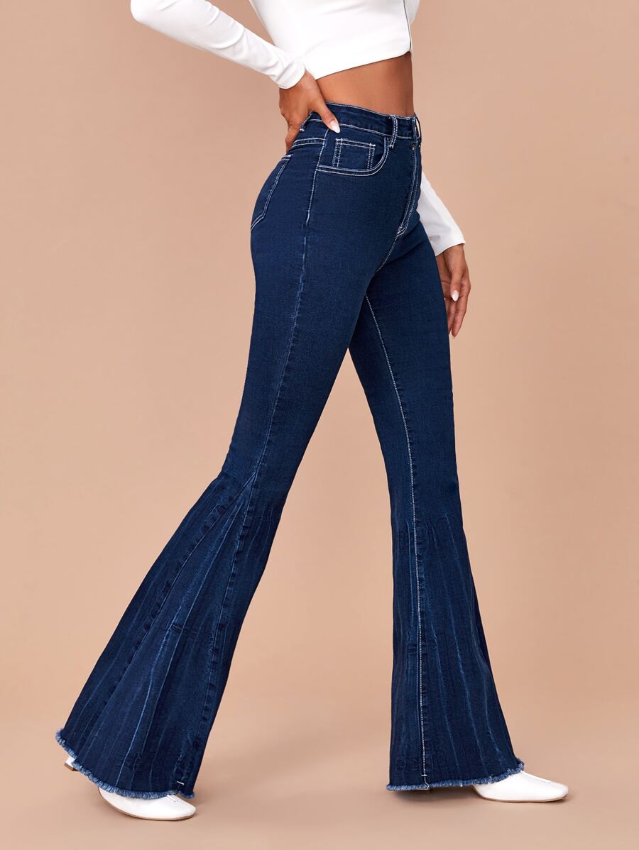 Contrast Stitch Flare Leg Jeans - Dark Wash - View 1