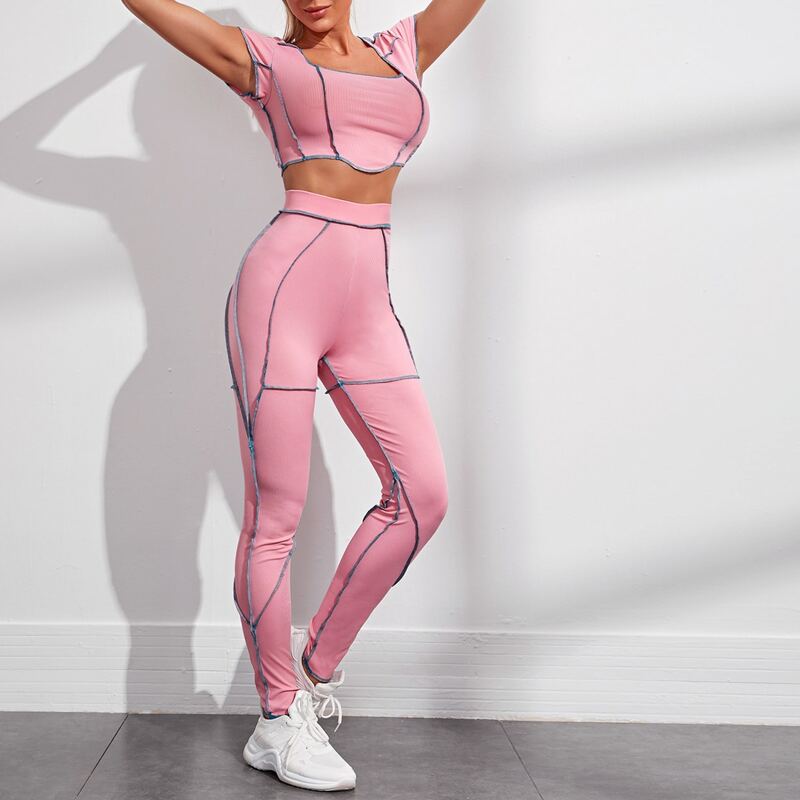 

Contrast Piping Square Neck Sports Top & Leggings, Baby pink