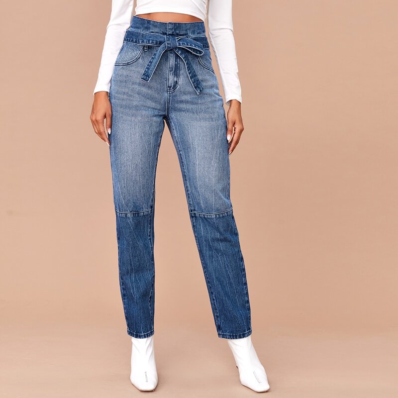 

High Waisted Slant Pocket Belted Jeans, Medium wash