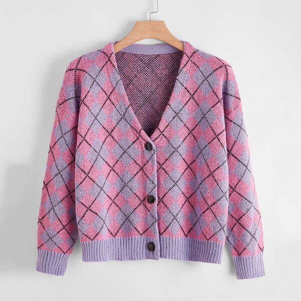 

Plus Argyle Pattern Button Through Cardigan, Multicolor