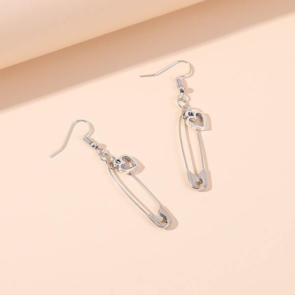 

Heart & Safety Pin Charm Drop Earrings, Antique silver