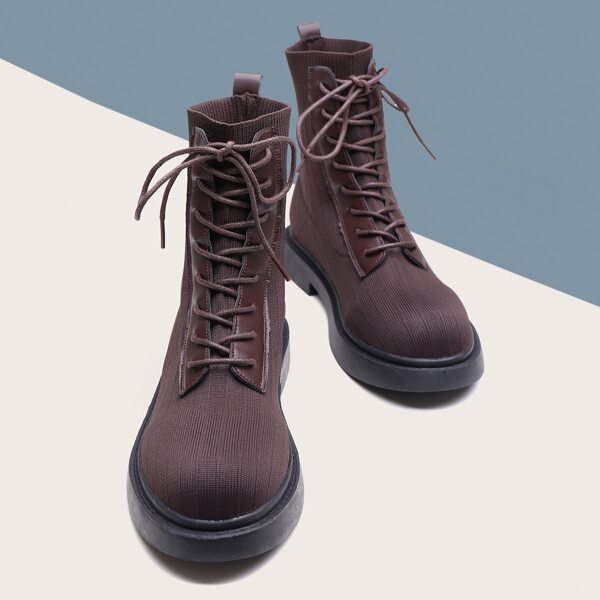 

Minimalist Lace-up Front Knit Boots, Brown