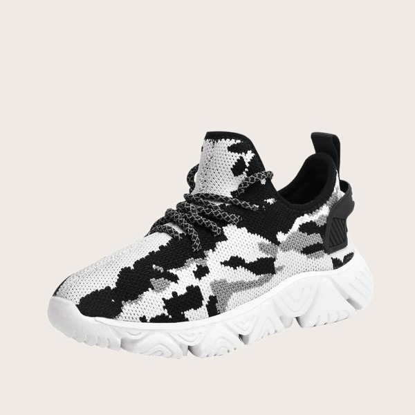 

Boys Lace Up Decor Wide Fit Knit Sneakers, Black and white