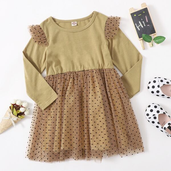 

Toddler Girls Contrast Dobby Mesh A-line Dress, Khaki