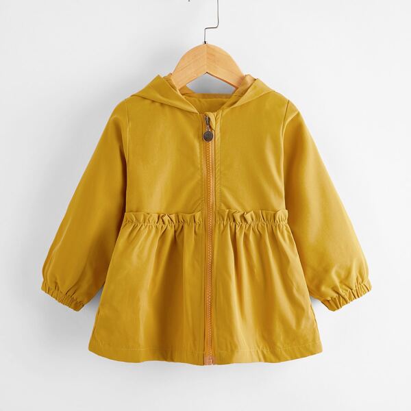 

Toddler Girls Frill Trim Bow Back Hooded Coat, Mustard yellow