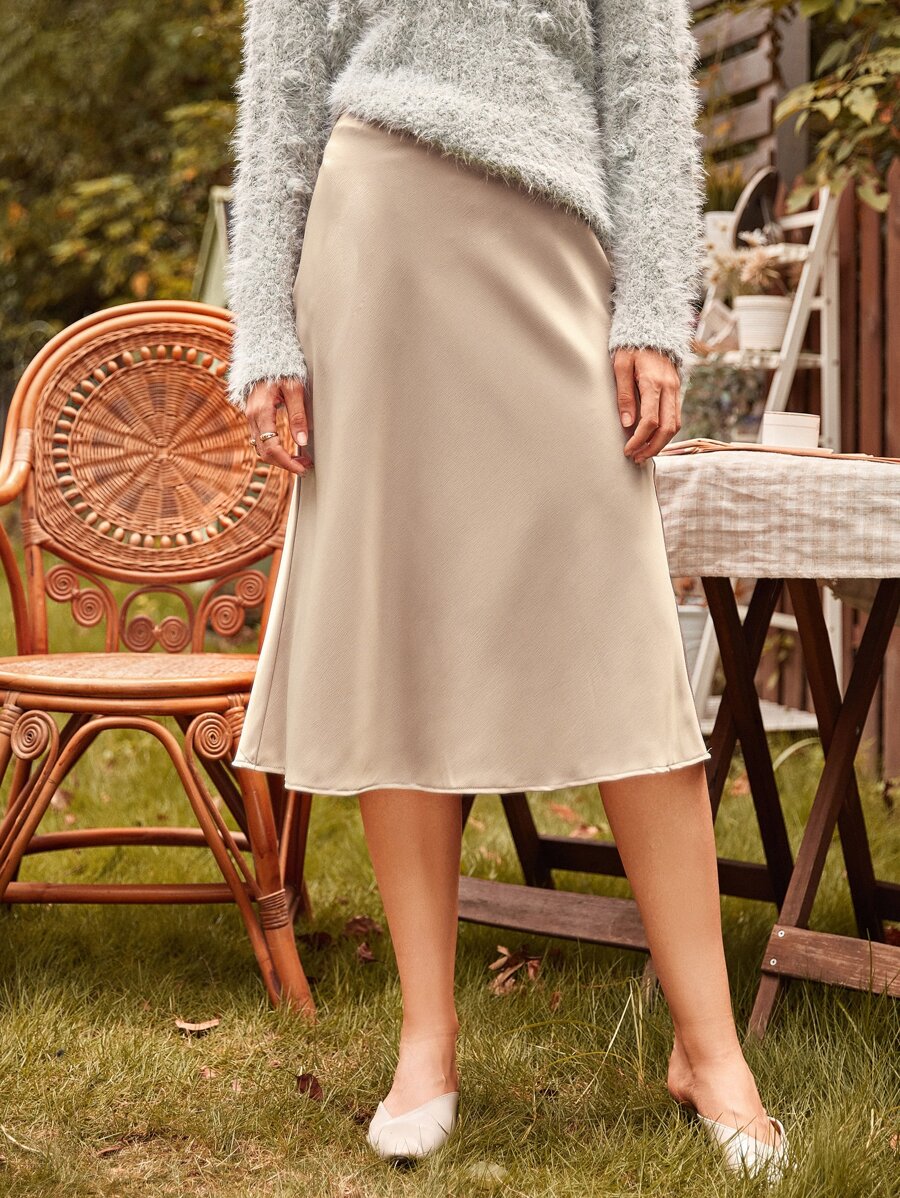 SHEIN Privé Solid Satin Skirt - Beige - View 1
