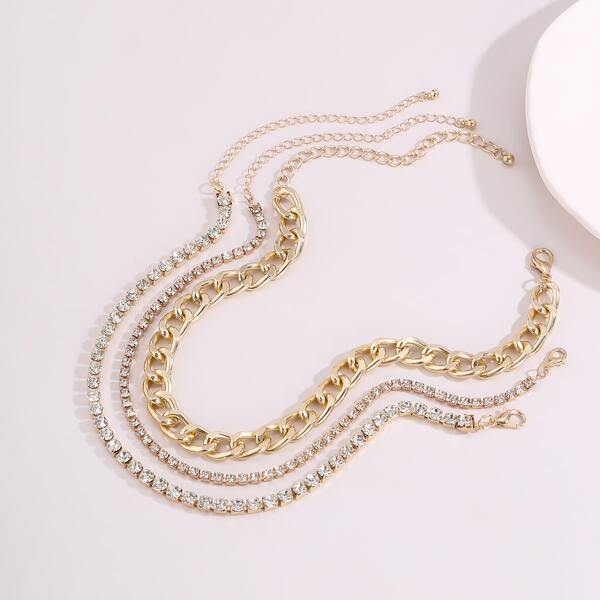 

3pcs Rhinestone Decor Chain Necklace, Gold