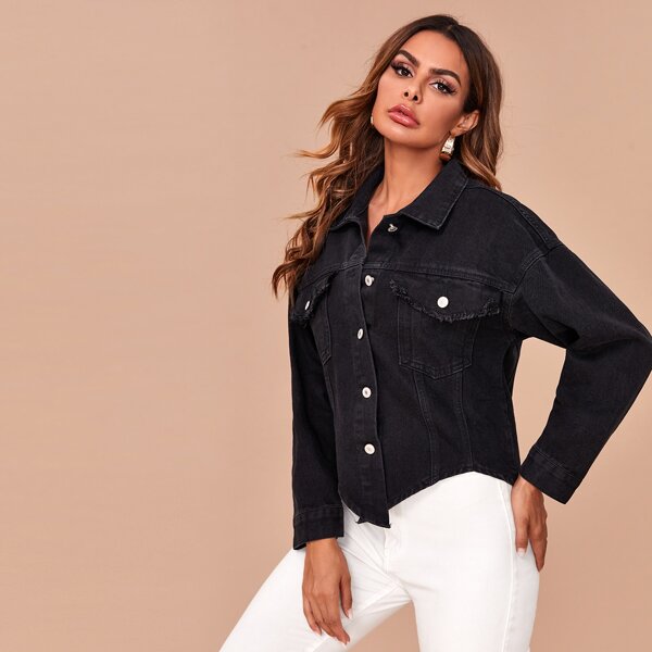 

Solid Raw Trim Button Up Denim Jacket, Black