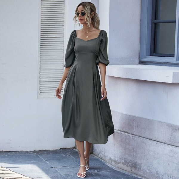 

Sweetheart Bishop Sleeve Midi Dress, Dark grey