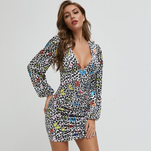 

Lantern Sleeve Leopard & Butterfly Print Bodycon Dress, Multicolor