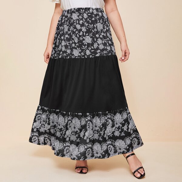 

Plus Floral Print Colorblock Skirt, Black