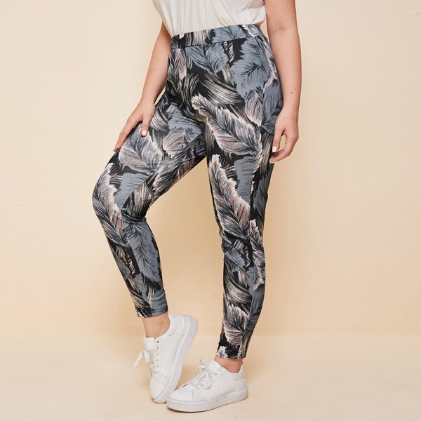 

Plus Allover Feather Print Leggings, Multicolor