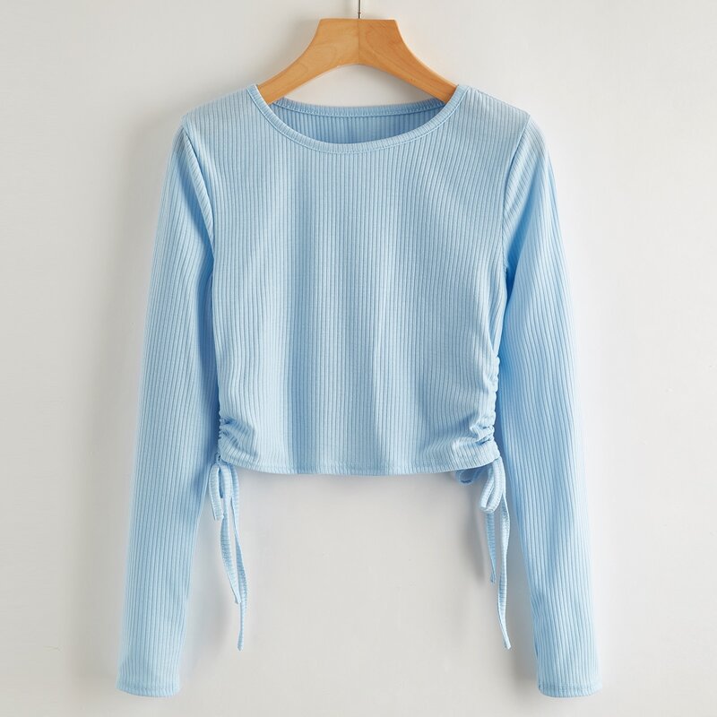 

Drawstring Rib-knit Crop Tee, Baby blue