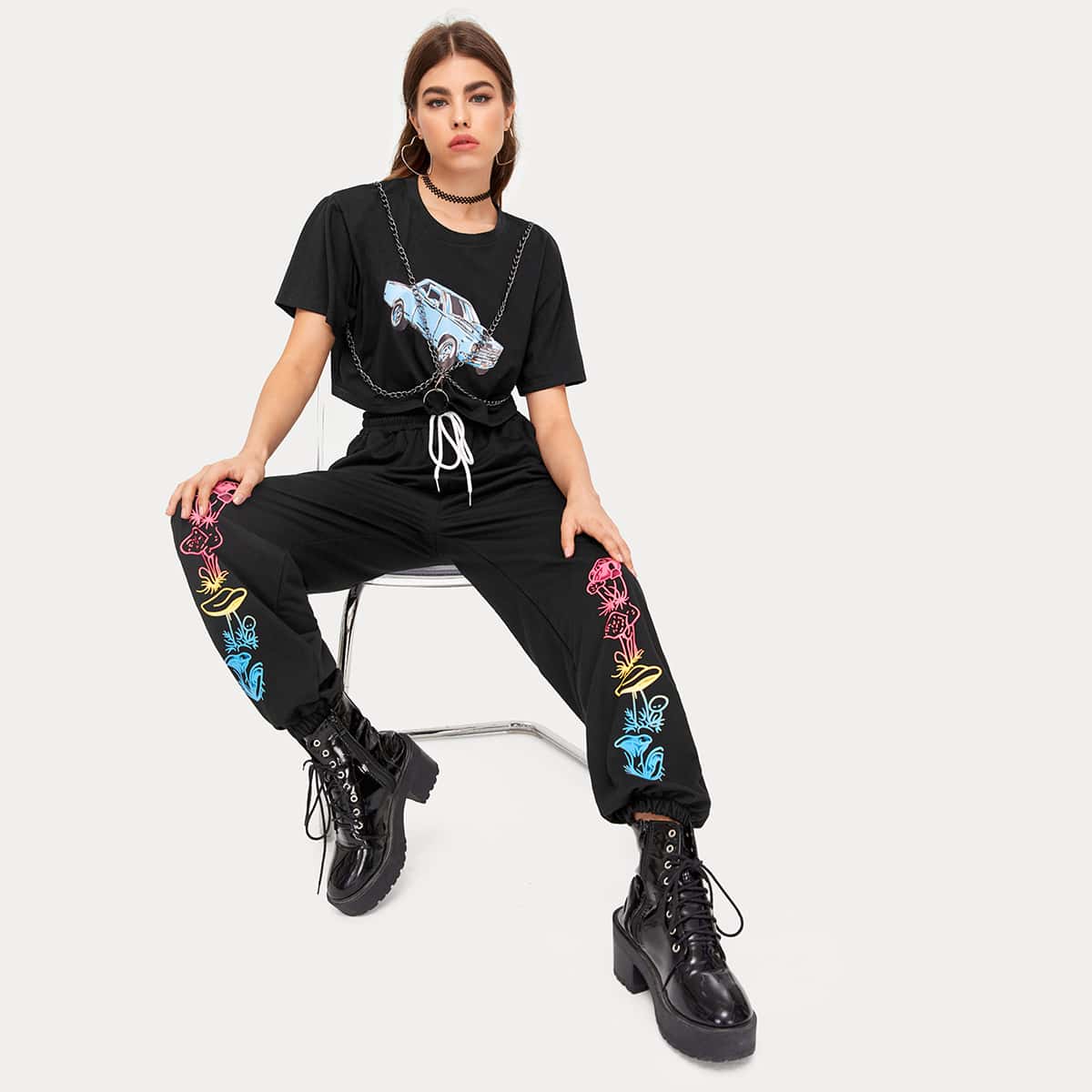 

Mushroom Graphic Joggers, Black