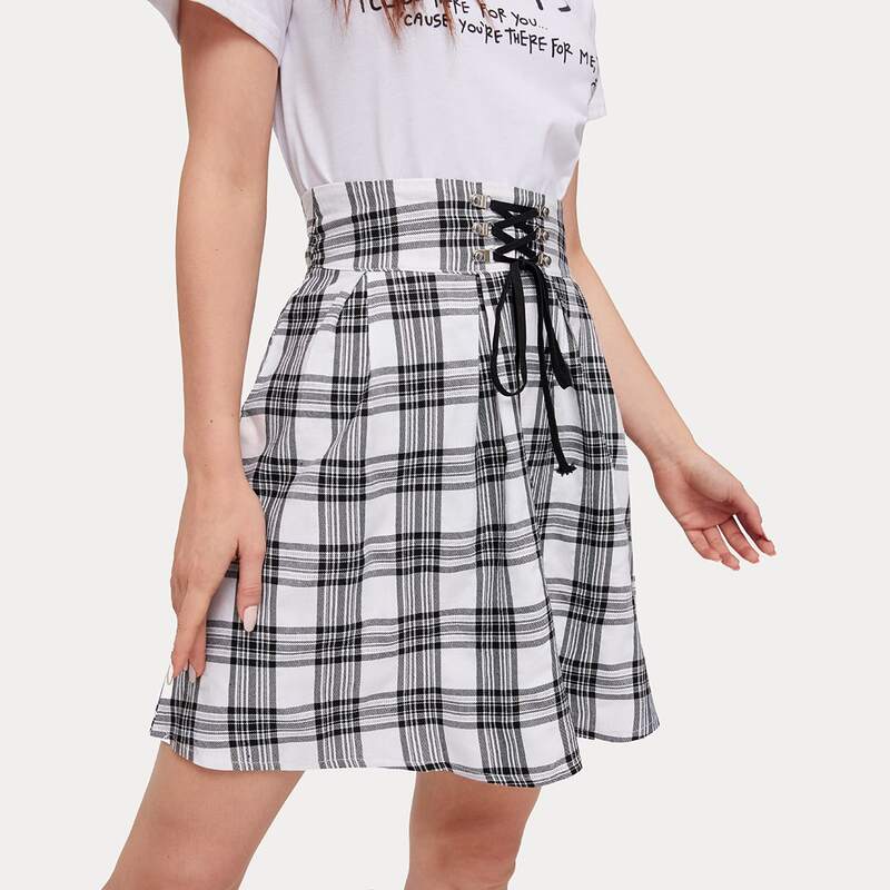 

Plaid Lace Up Skater Skirt, Black and white