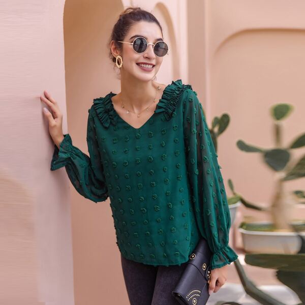 

Swiss Dot Flounce Sleeve Ruffle Trim Blouse, Dark green