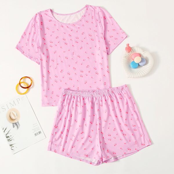 

Plus Ditsy Floral Print Pajama Set, Pink