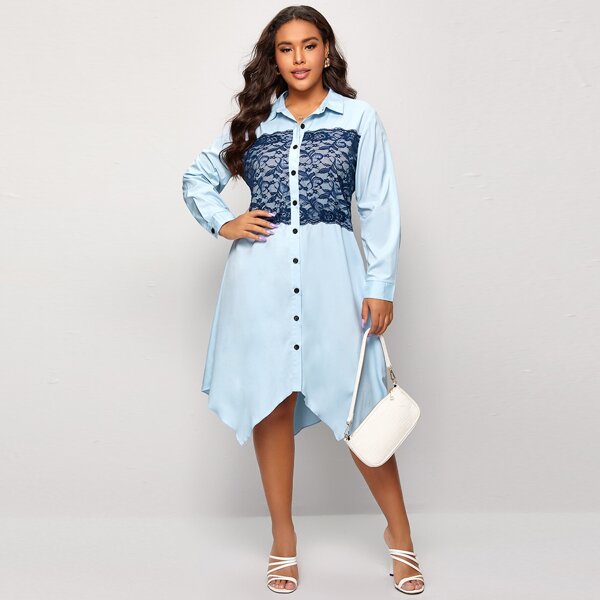 

Plus Contrast Lace Asymmetrical Hem Shirt Dress, Baby blue