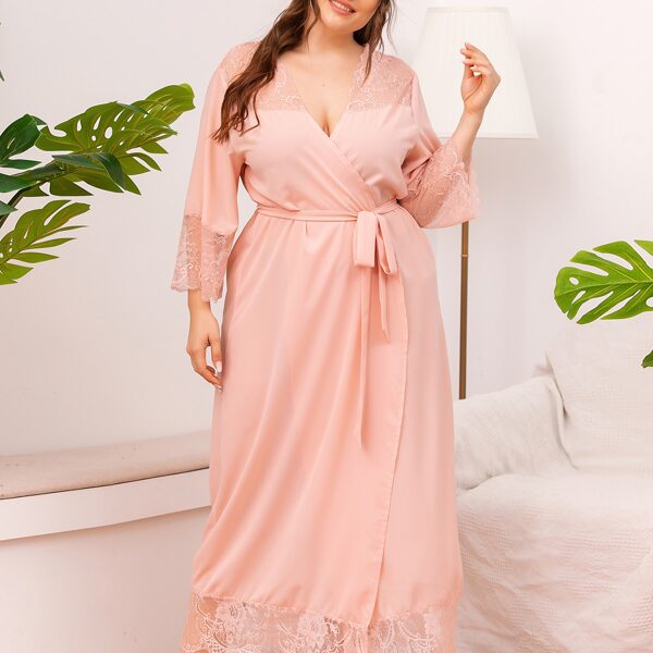 

Plus Contrast Lace Belted Robe, Coral pink