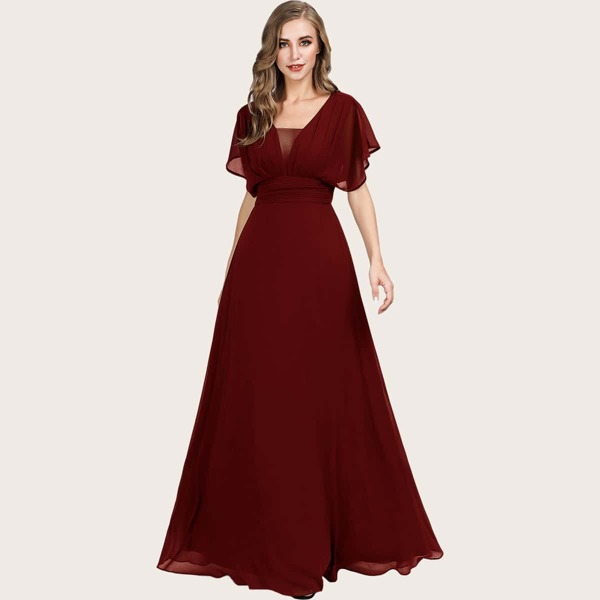 

Ruched Waist Batwing Sleeve Prom Dress, Burgundy