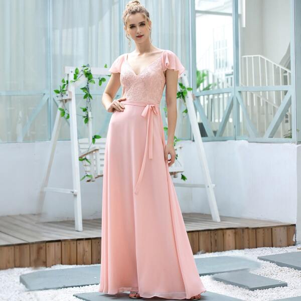 

Butterfly Sleeve Embroidered Bodice Belted Prom Dress, Baby pink