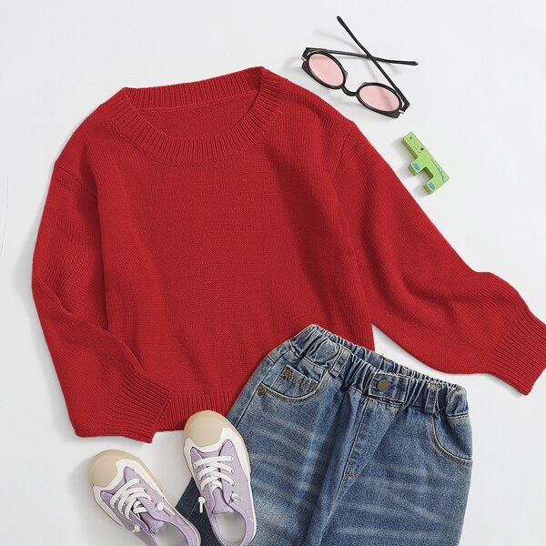 

Girls Solid Round Neck Sweater, Red