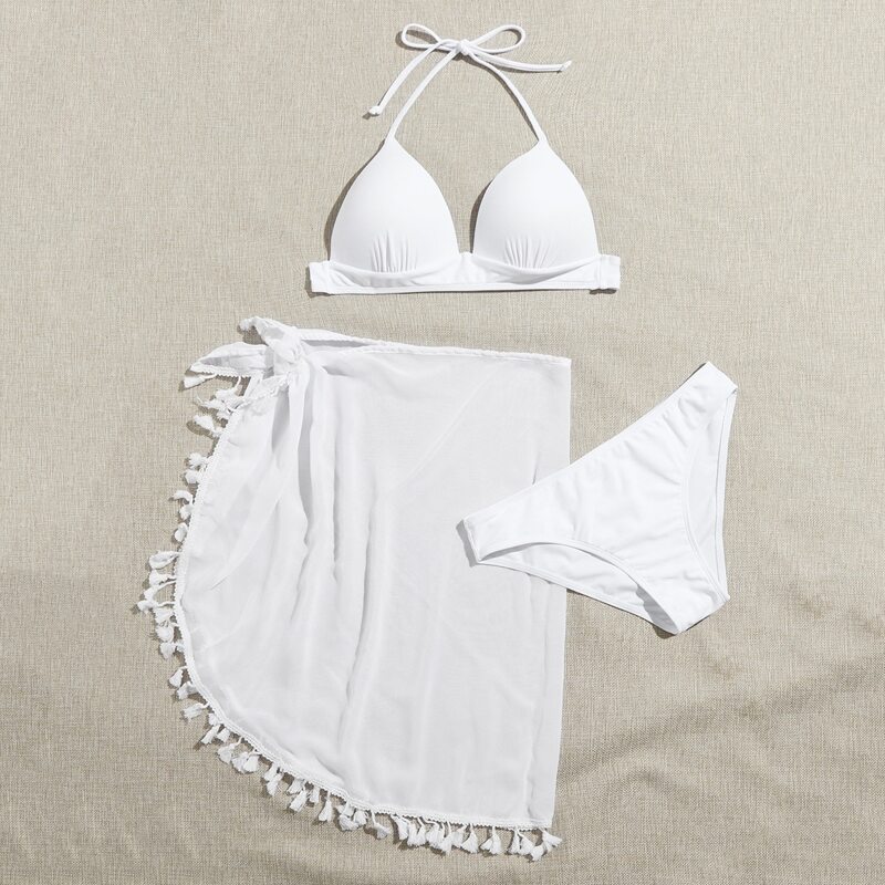 

3pack Halter Bikini Swimsuit & Tassel Beach Skirt, White