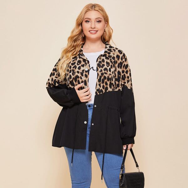 

Plus Contrast Leopard Drawstring Coat, Multicolor