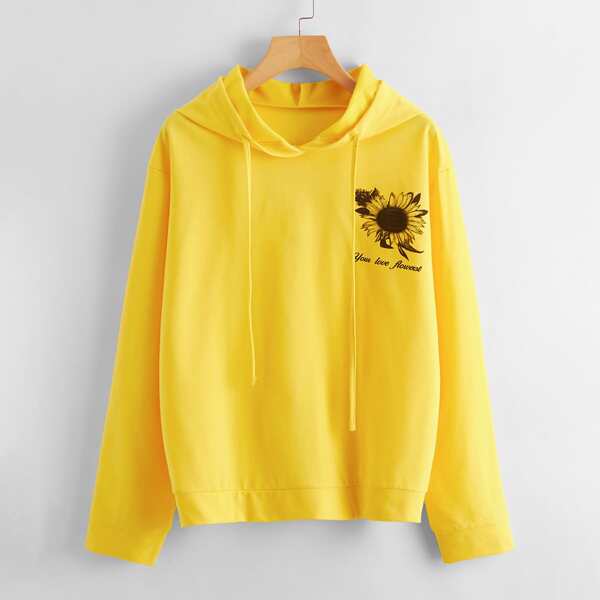 

Sunflower Print Drawstring Hoodie, Yellow bright