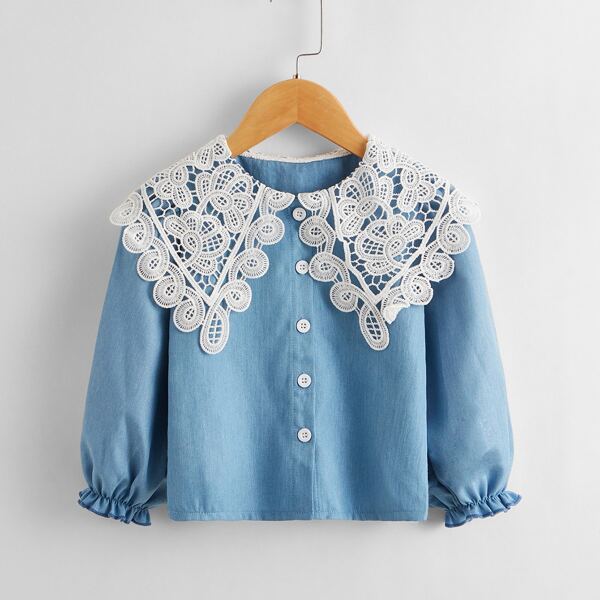

Toddler Girls Contrast Guipure Lace Button Up Blouse, Blue