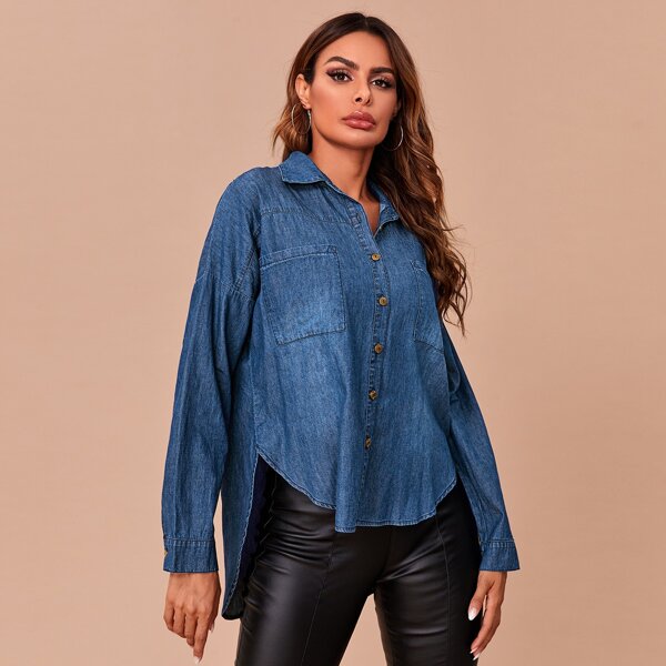 

Drop Shoulder Patch Pocket High-low Hem Denim Blouse, Dark wash