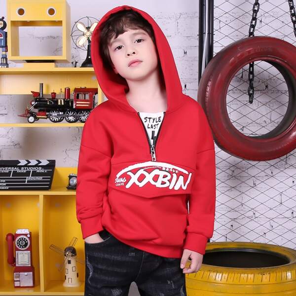 

Boys Contrast Panel Letter Graphic Zipper Hoodie, Red