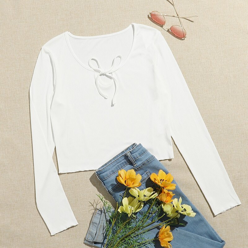 

Solid Tie Neck Tee, White